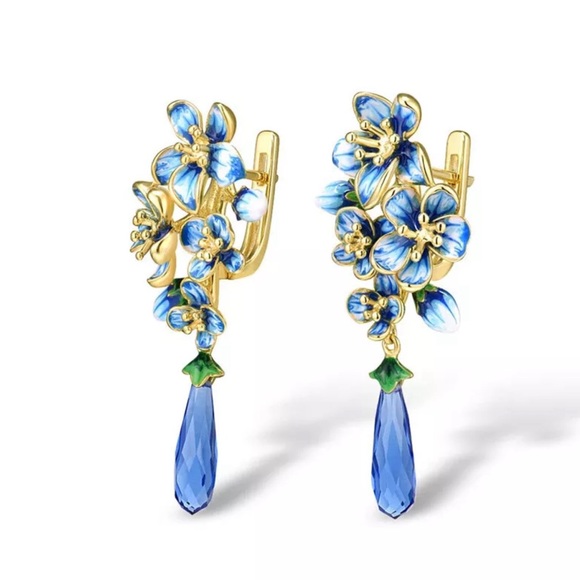 Blue flowers 18k yellow gold plated drop earrings - Picture 4 of 4